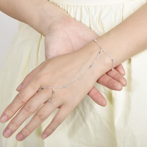 Hand Chain Bracelet Stainless Steel Finger Ring Bracelet Adjustable Gold Plated Hand Chain CZ Stackable Boho Minimalist Jewelry for Women - color: Steel Hand Chain Bracelet AN142W