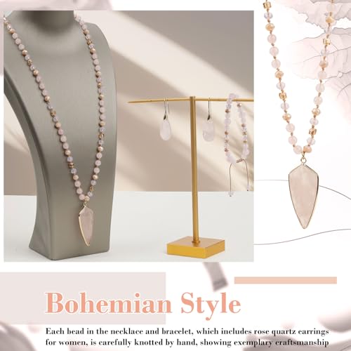 Boho Jewelry Sets for Women | 3 Pcs Natural Amethyst Labradorite Rose Quartz Beaded Long Necklace Wrap Bracelet Dangle Earrings Handmade Vintage - color: Rose Quartz
