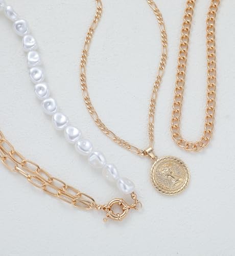 iF YOU Vintage Gold Layered Necklaces for Women Trendy, Chunky Cuban Link Paperclip Chains Necklace Stack, Coin Pendant Necklace Set Jewelry Gifts - style: 3-layer pearl necklaces