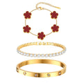Womens Stackable Floral Gold Bracelets - 3Pcs 18K Gold Plated Bracelet,Stainless Steel Bangle Bracelets Non Tarnish, Gold Bracelet Set Trendy Jewelry,Christmas Valentines Birthday Gifts for Girlfriend - color: Red