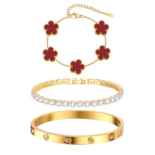 Womens Stackable Floral Gold Bracelets - 3Pcs 18K Gold Plated Bracelet,Stainless Steel Bangle Bracelets Non Tarnish, Gold Bracelet Set Trendy Jewelry,Christmas Valentines Birthday Gifts for Girlfriend - color: Red