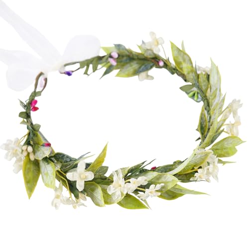 White Flower Crowns Headband, Artificial Boho Floral Headpiece with Green Leaf, Fairy Forest Elven Headwear with Ribbon for Women Girls Bridal Wedding Renaissance Festivals Hair Accessories - color: Bohemian White