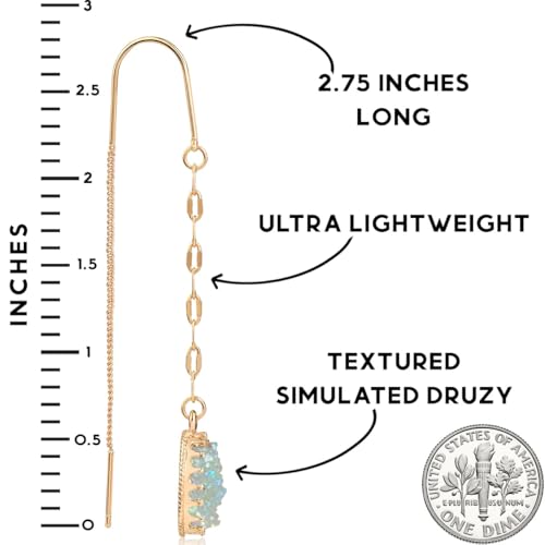 Simulated Druzy Threader Earrings for Women - Gold, Silver, or Rose Gold Tone Long Chain Earrings with Boho Created Geode Stone - color: Gold - Aqua Glitter Stone