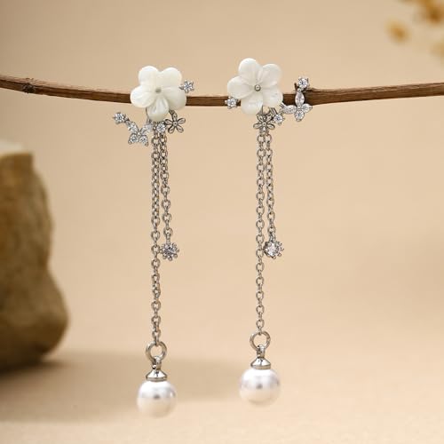 Pearl Earrings for Women Dainty Diamond Pearl Drop Earrings 14k Gold Plated Dangle Earrings for Women Weddings Gifts Bridesmaid Gifts - color: E-silver pearl earrings
