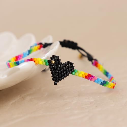 Rainbow Beaded String Braided Bracelets for Women, Summer Boho Handmade Adjustable Beach Waterproof Jewelry Gift - color: Black