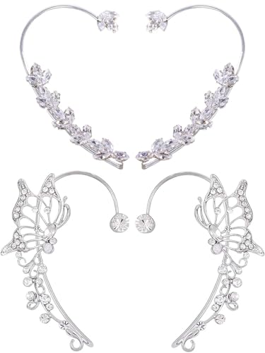 2Pcs Rhinestone Butterfly Earrings Ear Cuffs Non-Pierced Fake Earrings Butterfly Climber Wrap Around Earring Dainty Adjustable Ear Clip Jewelry for Women - color: StyleB-2 Pairs-Silver