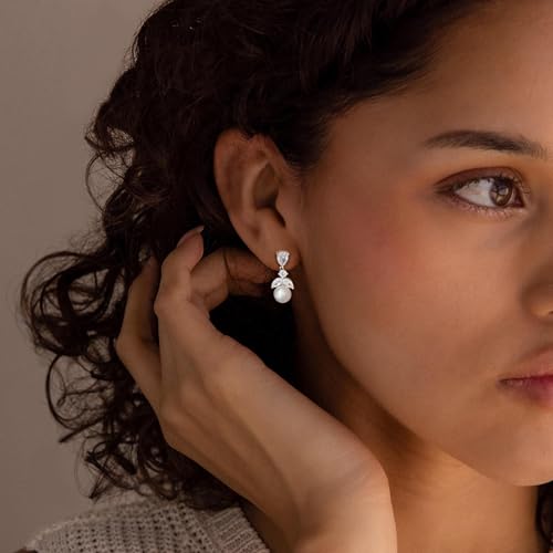 Pearl Earrings for Women, Dainty Wedding Bridal Earrings 14k Gold Plated CZ Pearl Drop Earrings for Women Trendy Hypoallergenic Unique Gold Drop Earrings Fashion Prom Jewelry - color: Silver-E