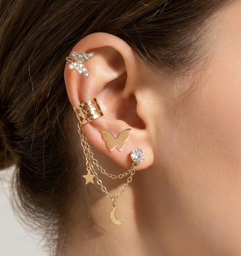 22 Pcs Gold Ear Cuffs Non Piercing, Lightweight Adjustable Clip On Earrings Fake Piercing, Skin-Friendly Cartilage Butterfly Chain Twist Helix Leaf Wrap Earrings Set, Trendy Jewelry for Women