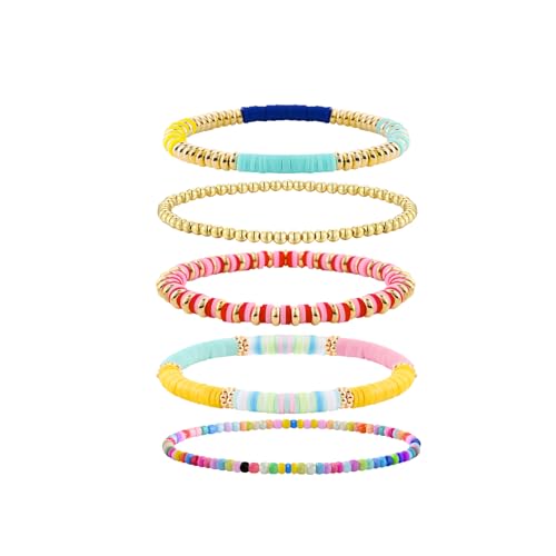 VIBILIA Gold Beaded Bracelets Set for Women 14K Gold Plated Dainty Pearl Cross Bracelet Stack Stretch Bracelet Set Fashion Accessories Gifts - color: 5P-RTMZ-Color