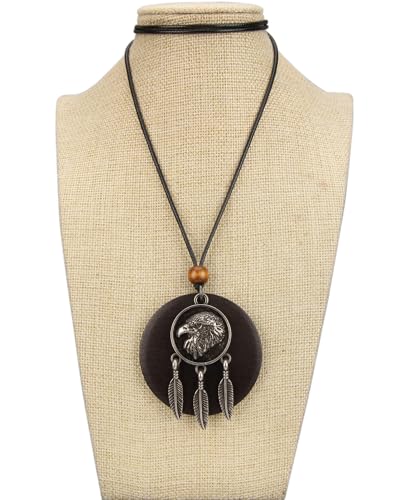 PU Leather Necklace Vintage Boho Style Multilayer Pendant Long Sweater Necklace Jewelry for Women Men with Adjustable Leather Cord - color: Round Eagle Head Feather Wood Necklace