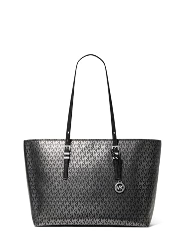 Michael Kors Quinn Large Tote - color: Silver-tone Hardware/Foil Printed Mk Signature Smooth Nappa Leather/Black
