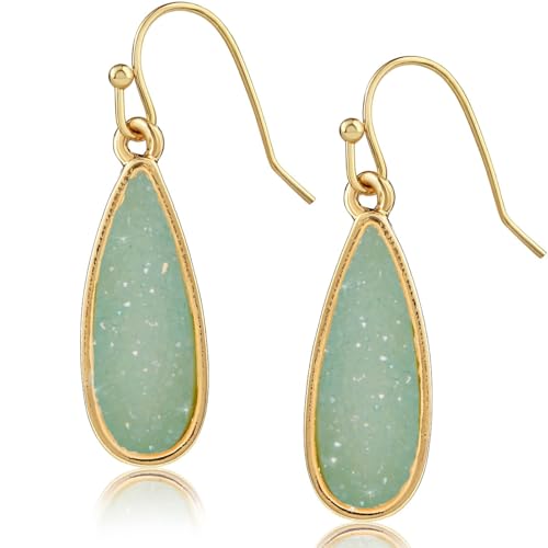 Teardrop Dangle Earrings for Women with Simulated Druzy Stones, in Gold or Rose Gold Tone - color: Gold - Aqua Stone