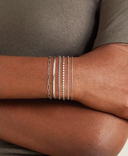 DEARMAY Sterling Silver Plated Bracelets Set for Women Waterproof, Non Tarnish Sterling Silver Link Chain Bracelets Pack Dainty, Fashion Jewelry Gifts for Everyday Comfortable - color: 6Pcs Silver Bracelets C