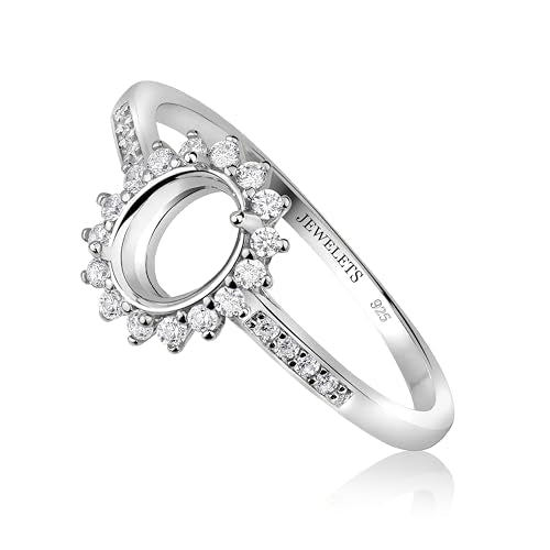925 Sterling Silver 6x8 mm Oval Ring Blank – Prong Setting Semi-Mount with 16 CZ Halo – DIY Jewelry Base for Faceted or Cabochon Gemstones