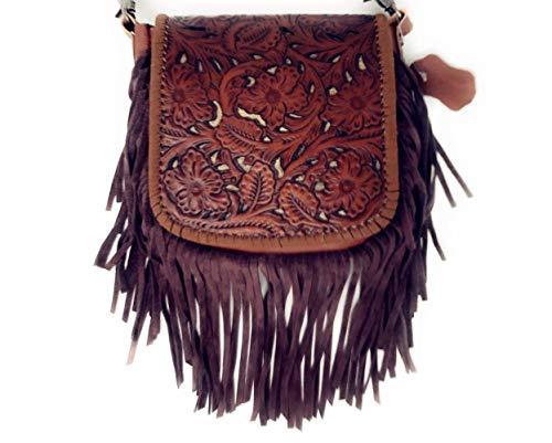 Western Genuine Leather Floral Tooled Fringe Womens Crossbody Bag 3 Color - color: Brown