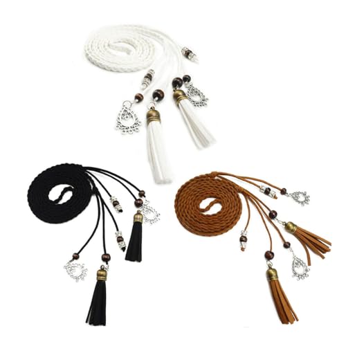 TeeYee Waist Belt Woven Knitted Rope/Chain PU leather 3 Pieces Tassel Rope Skinny Belt - color: 018blacktanwhite