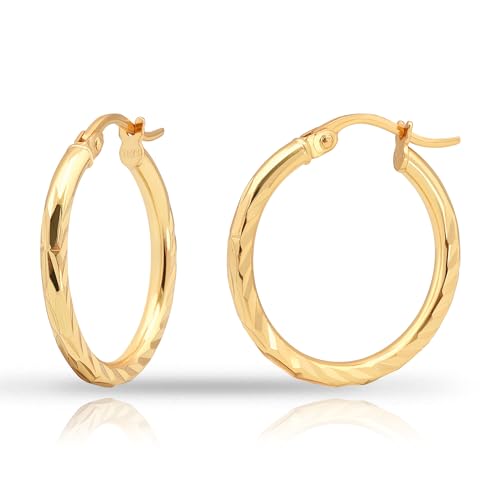 Hoops & Loops 925 Sterling Silver Diamond-Cut Hoop Earrings for Women, 2mm Textured Lightweight Click Top Hoops, 15mm 20mm 25mm 30mm, Silver 14k Yellow Gold & Rose Gold Flash Plated - color: Gold - 20mm (0.78'')