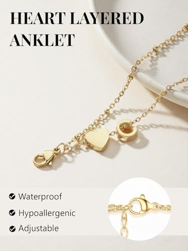 Silvora Ankle Bracelets for Women Waterproof 14K Gold/Silver/Black Initial Anklet for Women Dainty Layered Heart Ankle Bracelets Stainless Steel Adjustable Foot Chain Anklet Summer Beach Jewelry - color: Gold-14K Gold Plated, size: 26.Z