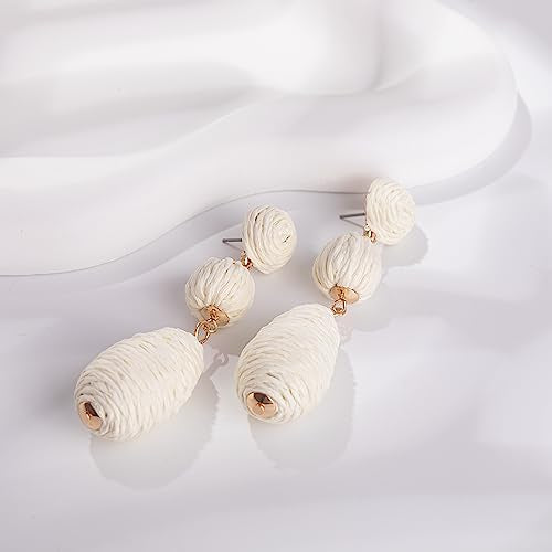 Boho Raffia Earrings Statement Dangle Earrings Cute Teardrop Ball Earrings Colorful Summer Jewelry Handmade Rattan Earrings for Women - color: White