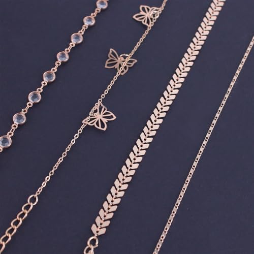 4PCS Bow Anklet for Women, 4-Layered Lightweight Simple Chain Bow Ankle Bracelet Set, Elegant Women's Fashion Jewelry, Ideal for Casual and Special Events - color: Rose-Gold