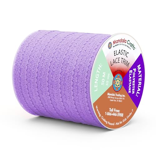 Mandala Crafts Lavender Stretch Lace Soft Elastic Trim Roll - 55 Yards 1 Inch Wide Stretchy Frilly Picot Ribbon for Sewing Lingerie, Headbands, Underwear, and Crafts - color: Lavender