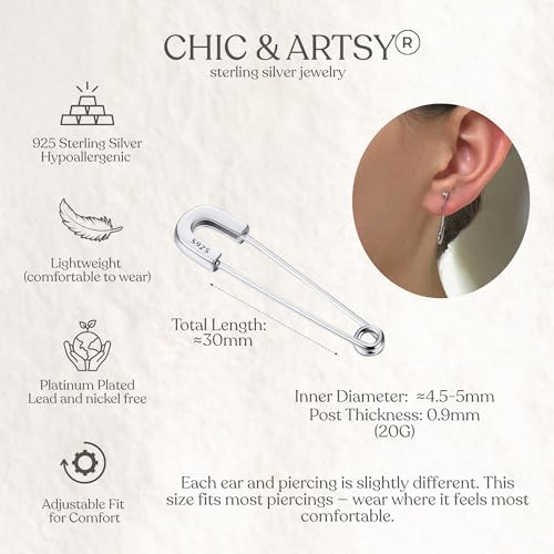 CHIC & ARTSY 925 Sterling Silver Safety Pin Earrings - Lightweight Comfortable Punk Paperclip Cartilage Hoop Earrings, Trendy Industrial Style Jewellery for Women and Men - color: White