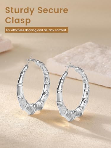 KeyStyle Bamboo Hoop Earrings for Women, Stainless Steel 90s Hoops Earring Lightweight Loops for Party, 2 mm Thick Hypoallergenic Vintage Circle Endless Thin Hoop (40mm, 60mm, 80mm,) - color: Stainless Steel-60mm