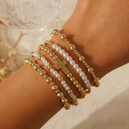 14K Gold Plated Beaded Bracelets Stack Set for Women,Stretch Boho Colorful Beads Ball Jewelry Friendship Summer Trendy - color: Cross