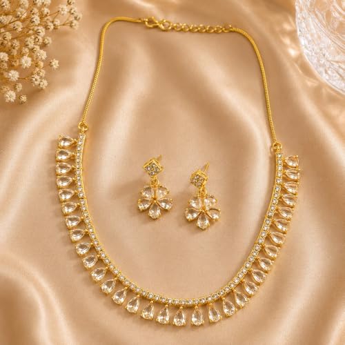 JewarHaat Indian Bollywood Necklace Set AD CZ Elegant Gold Plated Multi Stones Sparkling Crystals Choker with Earrings Fashion Jewellery for Women & Girls - color: White