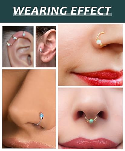 Opal Nose Ring Studs Horseshoe Nose Rings Hoops Stud 316L Stainless Steel Nose Rings Round CZ Square Screw L Shaped Nose Stud Hypoallergenic Nostril Piercing Jewelry for Women Men - color: Gold/Purple gem/20g 8mm hoop/Screw Studs