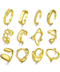 Fxiqini 12Pcs Gold Stackable Rings 18K Gold Plated Chunky Knuckle Finger Ring Geometric Bead Cloud Wave Flower Hollow Statement Bands Signet Open Rings for Women Adjustable Size 4-9 - color: A-Gold