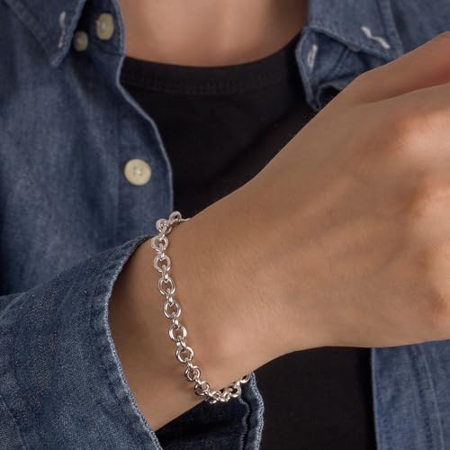 Dankadi 925 Sterling Silver Classic Round Cable Wire Link Bracelet Women Cuban Curb Oval Belcher Link Chain 5.9 to 9 in For Men 24k Gold Plated Cuff Jewelry Gift - color: 6MM Silver, size: 9 inch