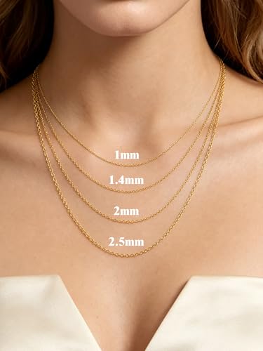 FOCALOOK Womens Chain Necklaces 1mm/1.4mm/2mm Cable Chain Necklace, 316L Stainless Steel Silver/Black/14K Gold/Rose Gold Plated, Hypoallergenic Chains for Pendant,14-30" - color: 1mm 14K Gold Plated, size: 16 Inch