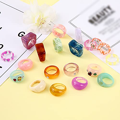 20 Pcs Acrylic Cute Trendy Colorful Rhinestone Stackable Chunky Rings for Women
