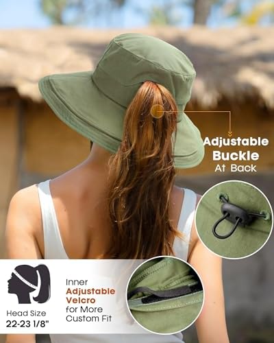 Sun Hats for Women Gardening Hat Wide Brim Ponytail Beach Sun Protection Breathable Cotton Summer Hat with Fold-Up Brim - color: Green
