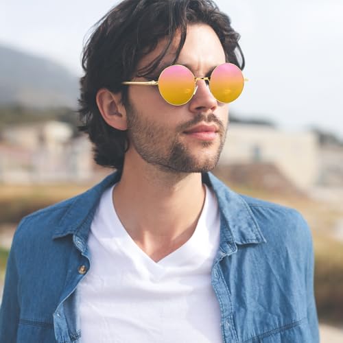 NACHLYNN Round Hippie Sunglasses Metal Border Circle Hippie Glasses UV380 Protection 70s Sunglasses for Men Women Party Favor - color: Pink Yellow
