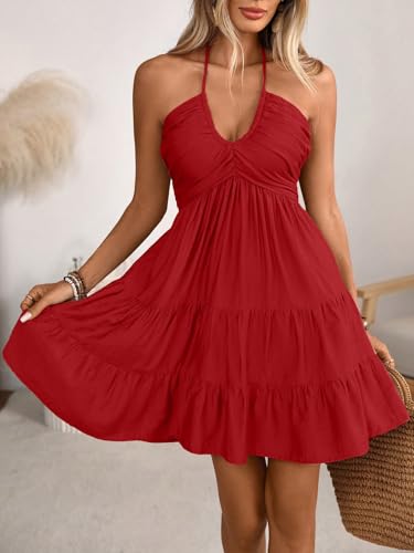Women's Halter Mini Summer Dresses Short Sleeveless Flowy Tiered Ruffle Casual Dresses