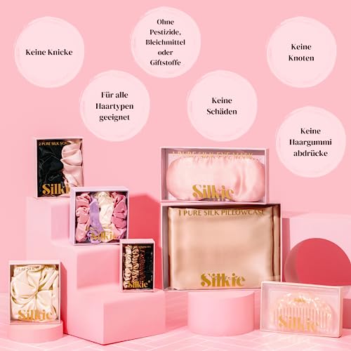 SILKIE x4 Set 100% Pure Mulberry Silk Green Skinny Scrunchies Travel Pouch Everyday Hair Ties Elastics Hair Care Ponytail Holder No Damage (Emerald) - color: Emerald