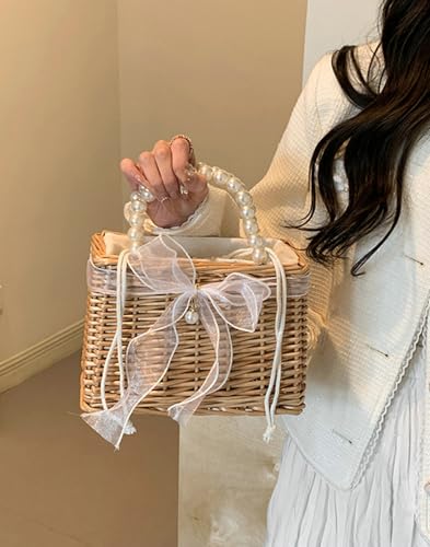Wicker Basket Lace Ribbon Handbag Vacation Wedding Woven Handbag Drawstring Inner Pouch Daily Use Gift - color: A-white