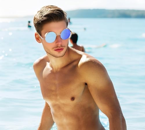 FEISEDY Retro Gothic Steampunk Sunglasses Round Metal Frame Punk Circle Inspired Shade Men B1857 - color: Silver/Blue