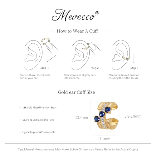 MEVECCO Ear Cuff Non Piercing for Women 18K Gold Plated Dainty Ear Cuff Earring Stacks Cartilage Clip On Wrap Huggie Minimalist Fake Piercings Open Hoops Jewelry Gifts - style: three line-blue