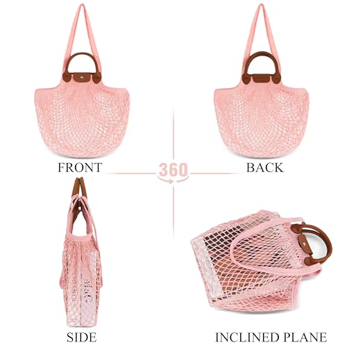Hibala Woven Bag for Women, Fishing net bag,Straw Mesh Tote Bag, Beach,Hobo Bag, Foldable Large Capacity (Pink)