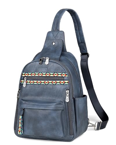 FADEON Large Sling Bag for Women, Leather Crossbody Purse Designer Anti Theft Sling Backpack, RFID Fanny Packs for Travel - color: Dark Blue Retro Style