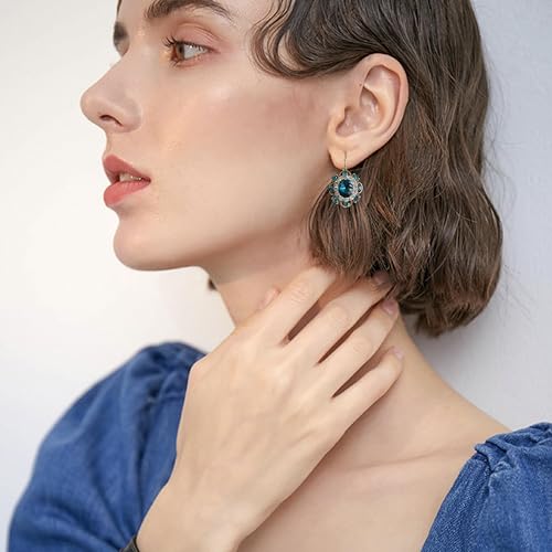 Handmade Bohemian Vintage Gold Sparkly Crystal Round Flower Leverback Earrings Cute Rhinestone Geometry Dangle Drop Earring for Women - color: Blue