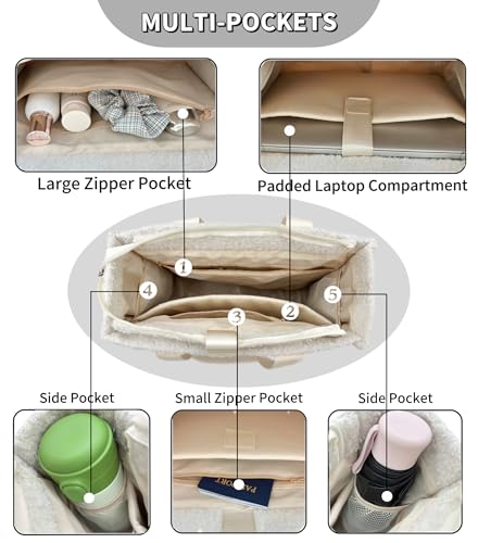 Large Canvas Tote Bag for Women Work Tote Bags with Pockets Laptop Crossbody Purses Everyday Bag Handbags for Travel - color: Plush Beige