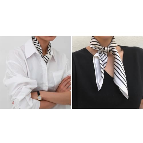 100% Mulberry Silk Neck Scarf 21''x21'' Small Square Hair Scarf for Women Men Lightweight Bandana Envelope Package - color: Classic Stripe- White