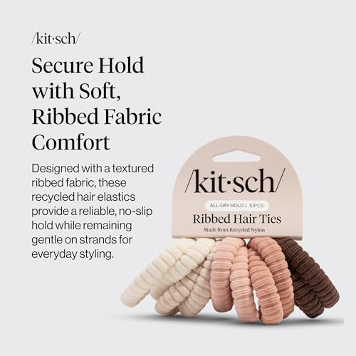 Kitsch Ribbed Hair Ties No Damage - Strong, Stretchy & Snag-Free Hair Bands | Soft Fabric Ponytail Holders, Stylish Elastics for Everyday Hairstyles | Ideal Gifts for Women - Blush, 10pcs - color: Blush Ribbed (Pack of 10)