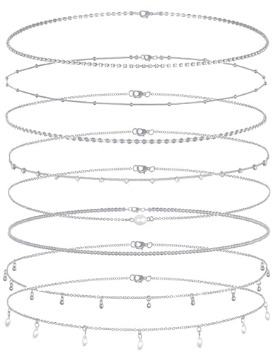 Tornito 8Pcs Waist Belly Chain CZ Heart Pearl Snake Bead Sequin Paperclip Belly Chain Summer Beach Sexy Body Chains Jewelry Accessories for Women Adjustable - style: E:8Pcs(Bead) Silver