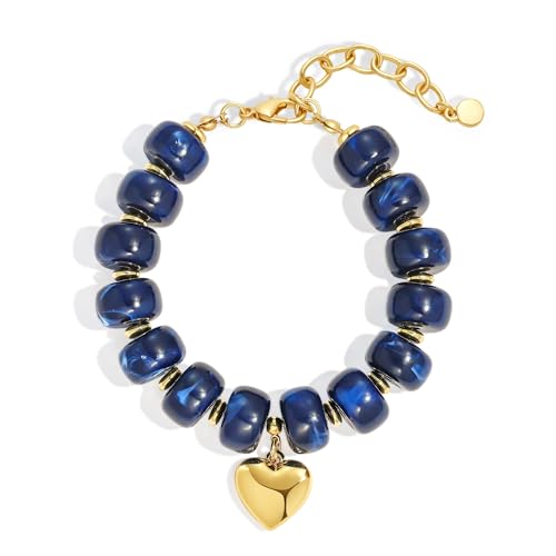 Chunky Beaded Bracelets for Women Boho Multicolor Acrylic Resin Beads Bracelet Adjustable Statement Bracelet Summer Beaded Jewelry - color: Heart beads bracelet-dark blue