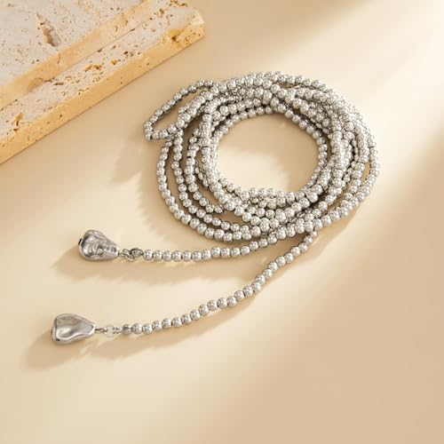 Statement Long Necklaces for Women Vintage Layered Beaded Long Chain Necklaces Boho Y Shaped Tassel Long Pearl Necklace Statement Bead Necklace Jewelry Gift for Women - style: Silver Round Beaded
